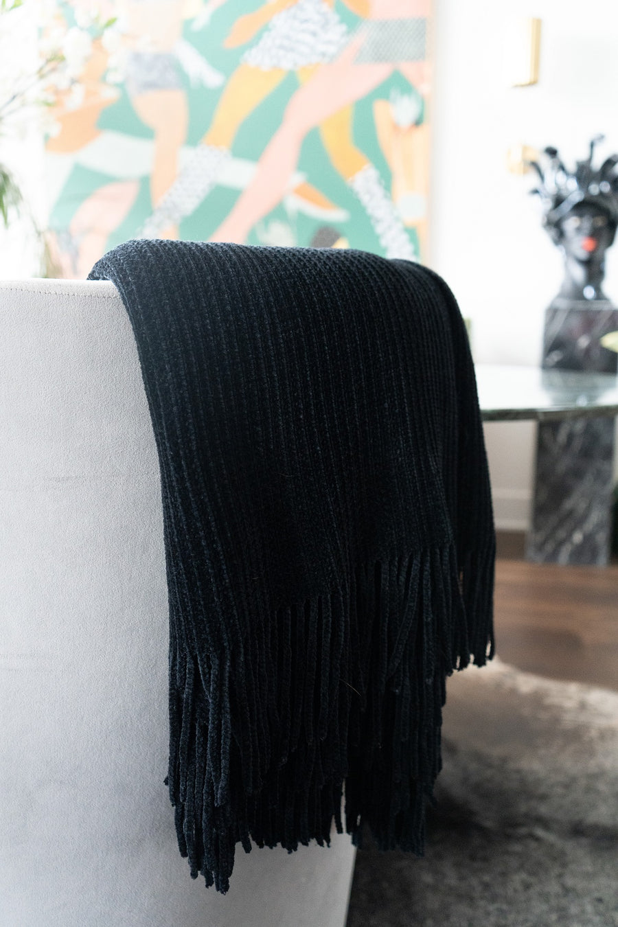 Ultra soft black chenille throw blanket, 50 by 60 inches