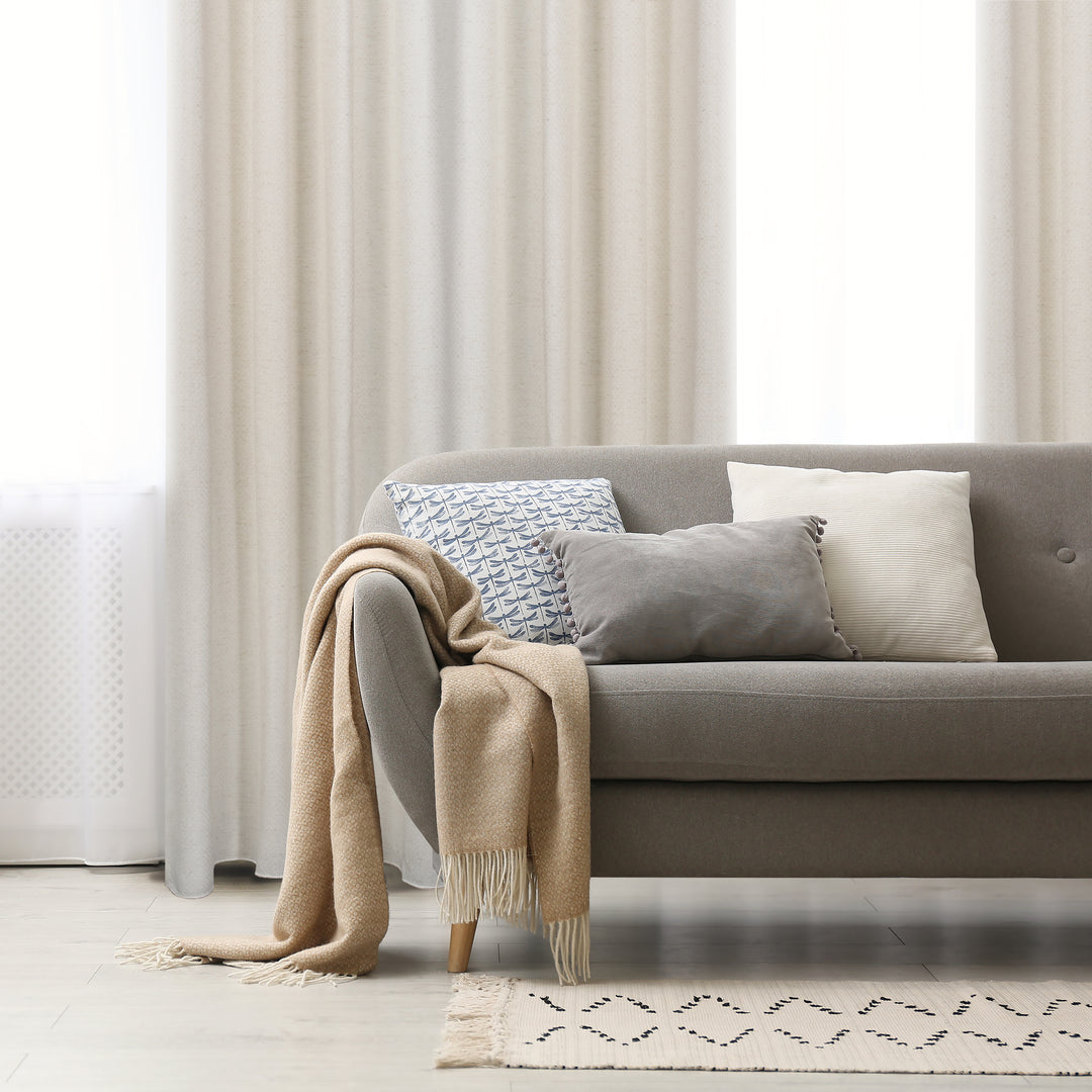 Capri linen jacquard design curtain, styled at a window