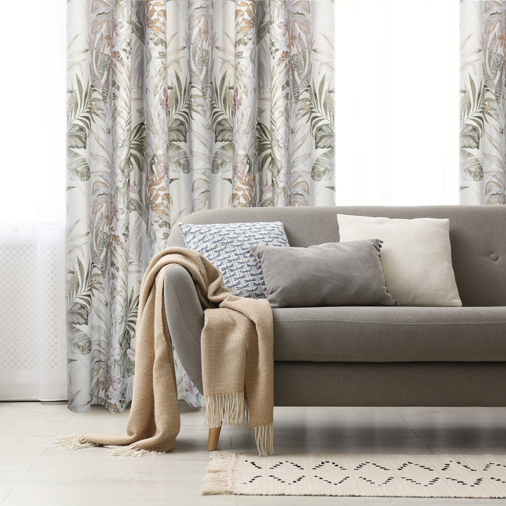Flora multi printed blackout curtain, styled at a window