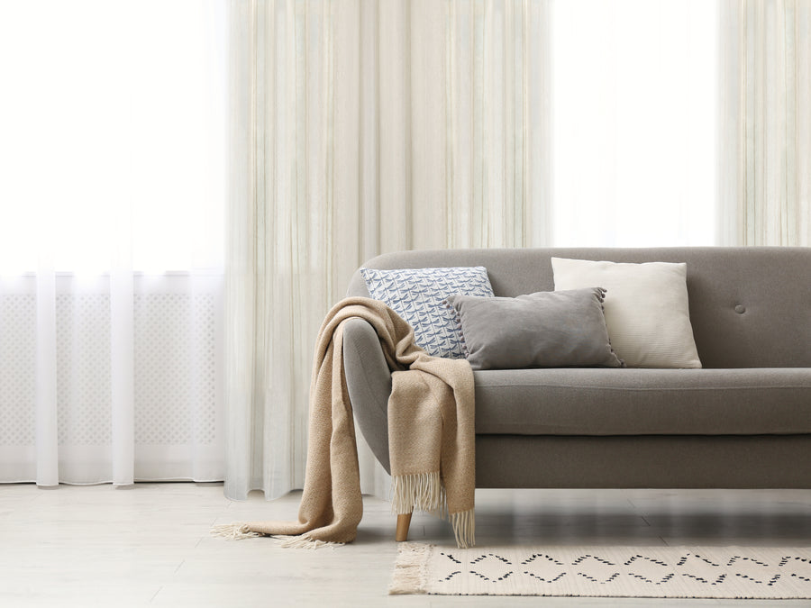 Prato linen striped jacquard sheer curtain, styled at a window