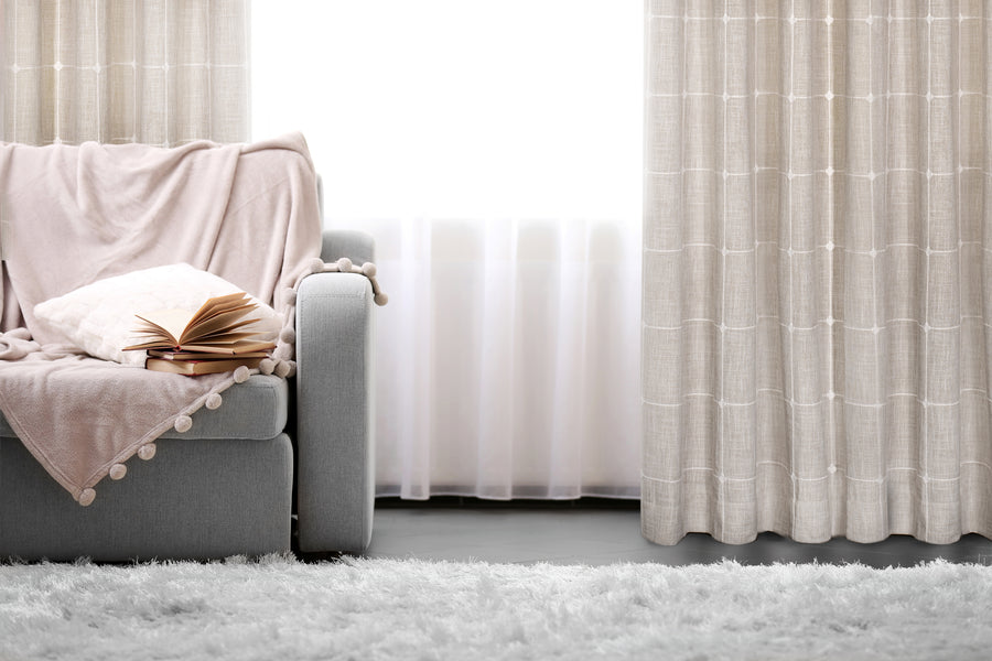 Sardenia jacquard curtain in linen, styled at a window