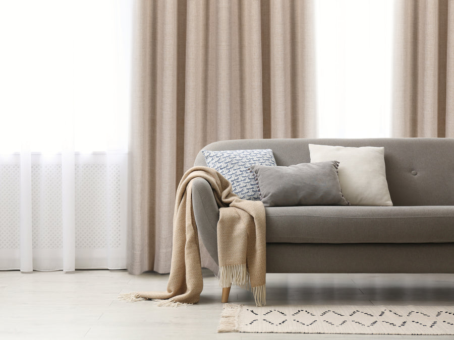 Toscana light filtering linen look jacquard curtain, styled at a window